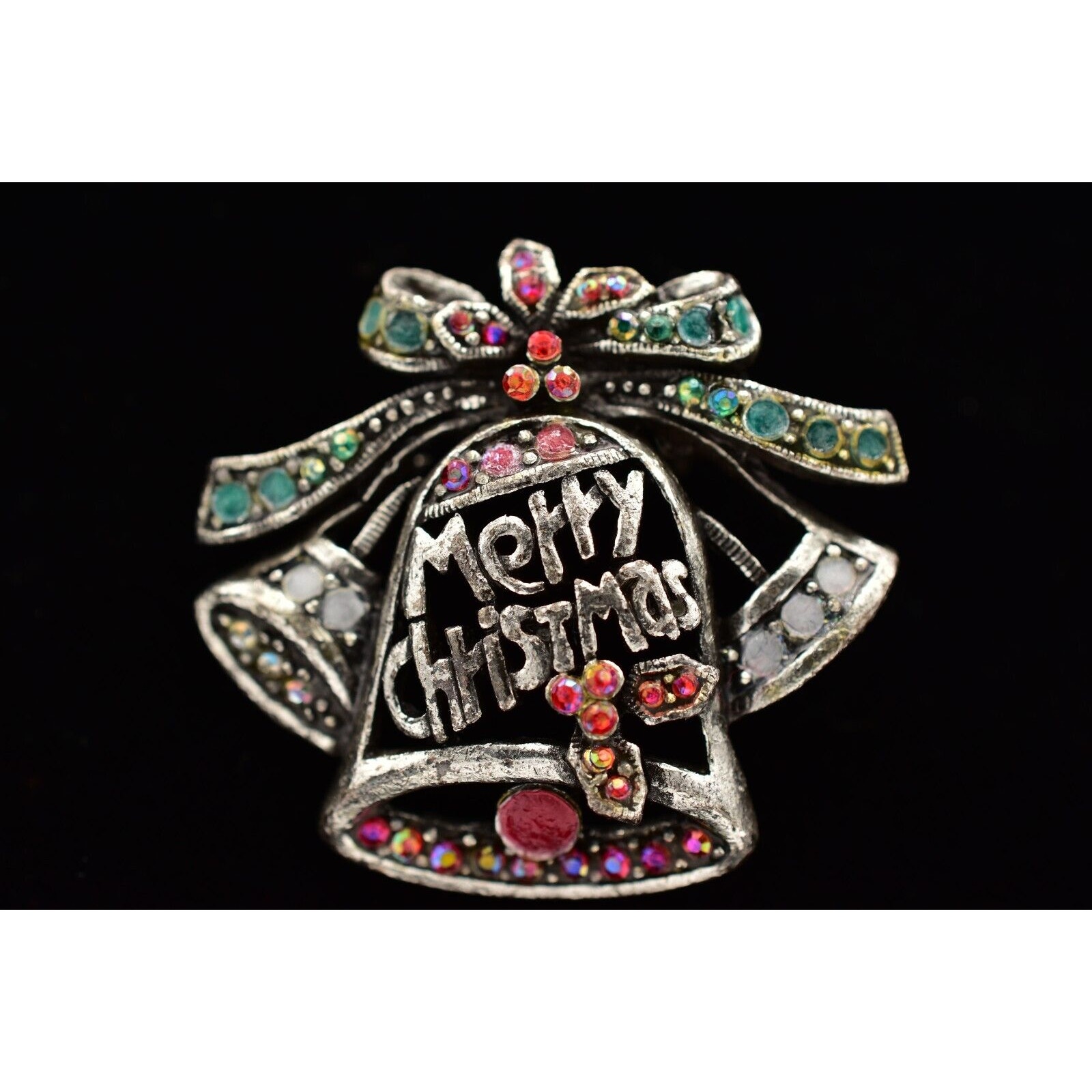 Laila Rowe Vintage Merry Christmas Bell Pin Brooch Rhinestone Star Signed Binb 18$